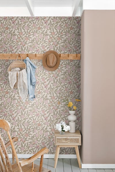 ESTAhome Tapete exotischen Früchten und Blättern Helllila und Graugrün - 50 x 900 cm - 131170
