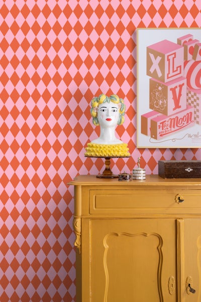 ESTAhome Tapete Karomuster Orange und Rosa - 50 x 900 cm - 131602