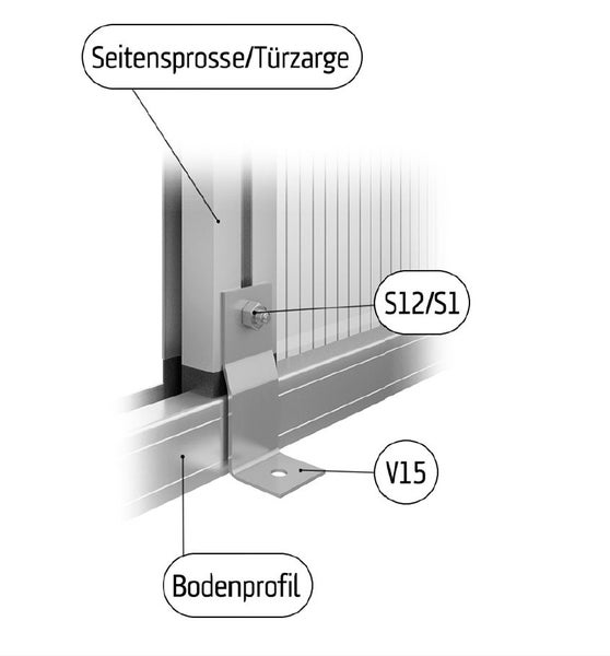 Detailansicht der Montage von Seitensprosse, Türzarge und Bodenprofil mit Schraube und Montagewinkel für ein Gewächshaus.