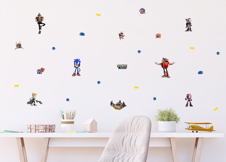 Wandsticker Set Sonic Prime mit verschiedenen Charakteren wie Sonic und Doktor Eggman zur Dekoration im Kinderzimmer.