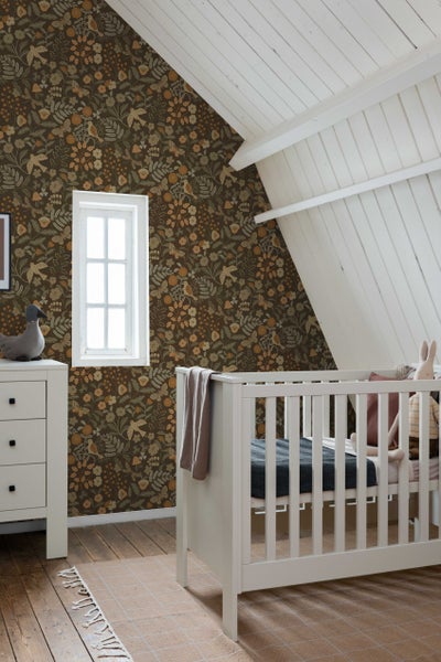 ESTAhome Tapete Blumen und Vögel Graugrün, Braun und Ockergelb - 50 x 900 cm - 131466