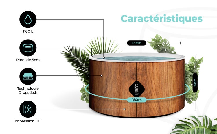 Whirlpool Holzoptik: 1100 Liter, 5 Zentimeter Wandstärke, Dropstitch-Technik, HD-Druck, 180 Zentimeter Durchmesser, 70 Zentimeter Höhe, Coco Spa Logo.