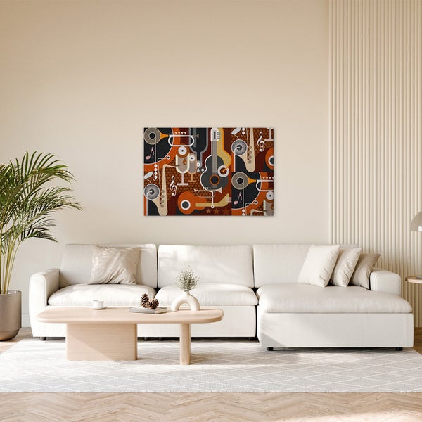 Wohnzimmer mit Sofa und Wandbild mit Musikinstrumenten