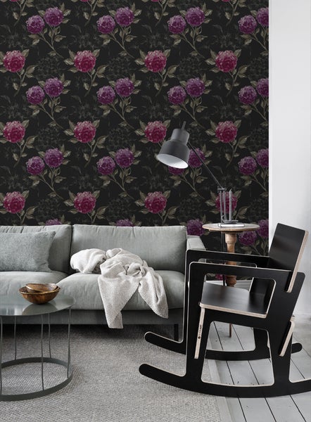 ESTAhome Tapete Hortensien Schwarz und Aubergineviolett - 53 cm x 10.05 m - 128025