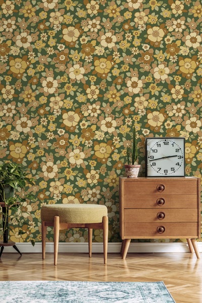 ESTAhome Tapete Retro Blumen Dunkelgrün und Gelb - 50 x 900 cm - 131528