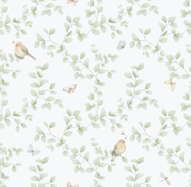 Sanders und Sanders Tapete Blumen und Vögel Hellgrün und Weiß - 53 cm x 10.05 m - 640625