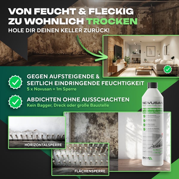 Novusan Bauwerksabdichtung zur Kellerabdichtung gegen Feuchtigkeit. Anwendung als Horizontal- und Flächensperre für einen trockenen, hellen Keller.