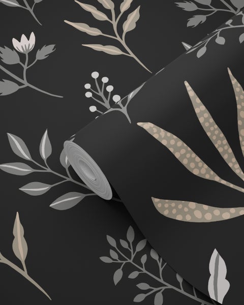 ESTAhome Tapete Blumenmuster im skandinavischen Stil Schwarz - 53 cm x 10.05 m - 139083