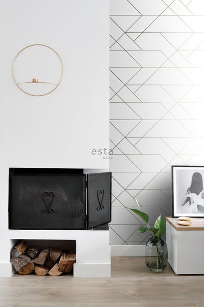 ESTAhome Tapete grafische Linien Weiß und Gold - 53 cm x 10.05 m - 139143