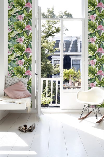 ESTAhome XXL-Vliestapete tropische Blätter mit Flamingos Grün und Rosa - 50 x 900 cm - 158895