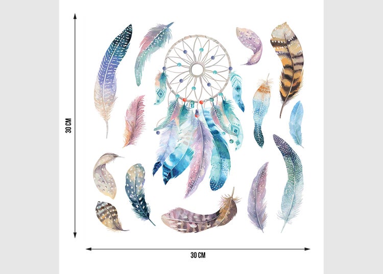 Wandsticker Set Traumfänger und Federn, 30 mal 30 Zentimeter, Aquarell Stil