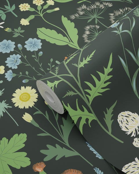 ESTAhome Tapete Feldblumen Multicolor auf Schwarz - 53 cm x 10.05 m - 139392