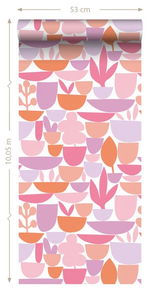 ESTAhome Tapete Keramik und Pflanzen Rosa, Lila und Orange - 50 x 900 cm - 131075