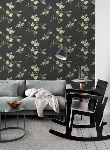 ESTAhome Tapete Kirschblüten Grün, Ockergelb und Schwarz - 53 cm x 10.05 m - 148719