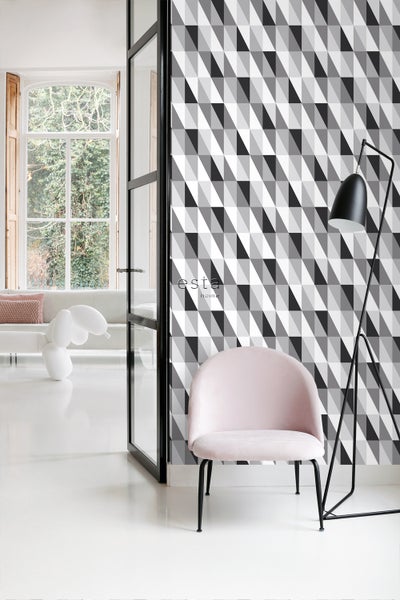 ESTAhome Tapete grafische Dreiecke Schwarz, Grau und Weiß - 53 cm x 10.05 m - 139121
