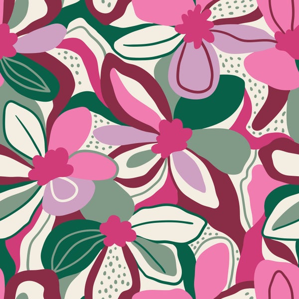 ESTAhome Tapete Blumenmuster Bonbonrosa, Grün und Weiß - 50 x 900 cm - 131131