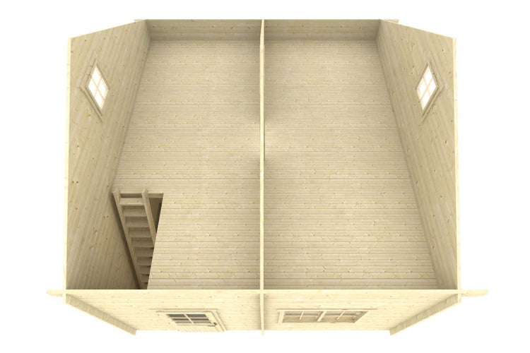 Innenansicht eines Holzhauses mit Treppe und Fenstern