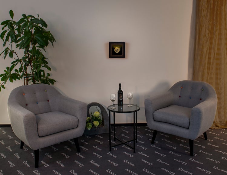 Wohnzimmer Szene mit zwei grauen Sesseln, einem kleinen Tisch mit einer Flasche und Gläsern, einer Zimmerpflanze und einem gerahmten Bild