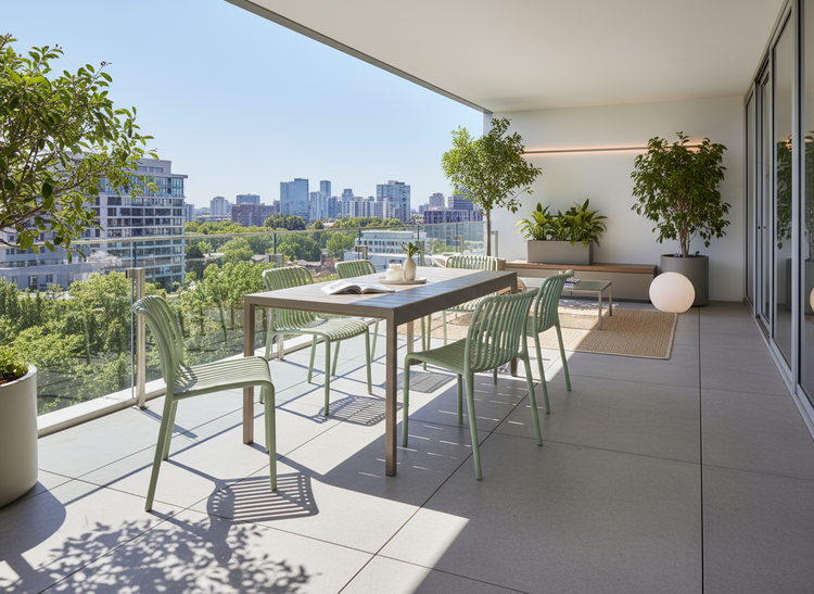 Balkon mit Esstisch, Stühlen und Blick auf die Stadt