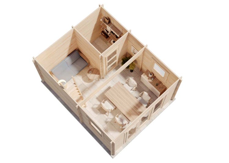 Draufsicht auf den Grundriss eines Gartenhauses aus Holz mit Wohnzimmer, Esszimmer und Abstellraum, helle Holzoptik, strukturierte Raumaufteilung.