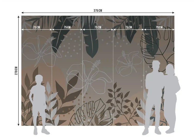 Fototapete mit botanischem Muster aus tropischen Blättern und Hibiskusblüten. Maße: 375 Zentimeter Breite und 270 Zentimeter Höhe.