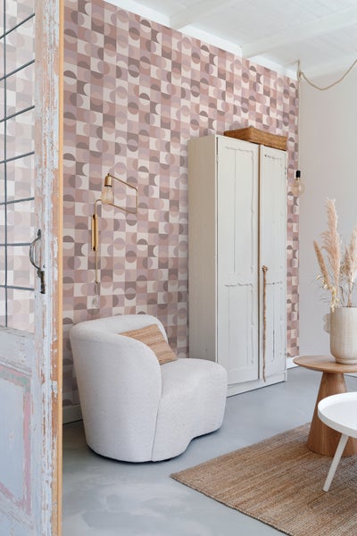 ESTAhome Tapete Kreise im Bauhaus-Stil Helllila, Rosa und Braun - 50 x 900 cm - 131243