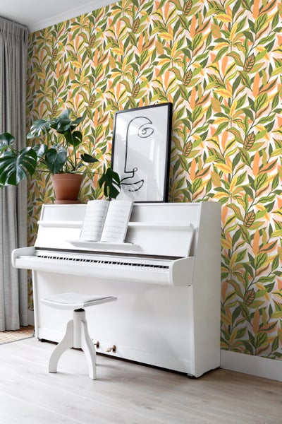 ESTAhome Tapete tropische Blätter Grün, Orange und Gelb - 50 x 900 cm - 131040
