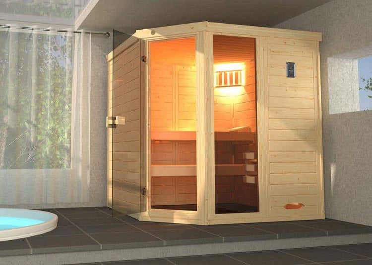 Finntherm Massivholz-Elementsauna Eva Gr. 2 aus Holz Innensauna mit 38 mm Wandstärke Saunakabine Infrarotsauna