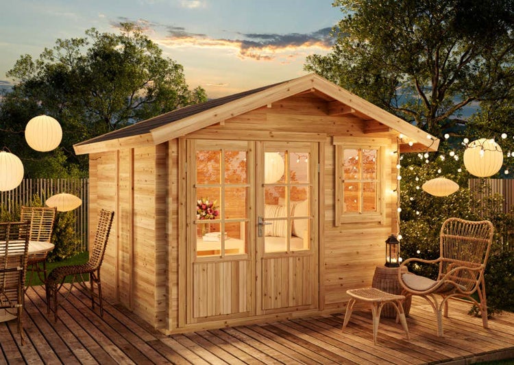 Alpholz Gartenhaus Palermo Gartenhaus aus Holz, Holzhaus mit 28 mm Wandstärke, Blockbohlenhaus mit Montagematerial, Naturbelassen 3,3x3,3m