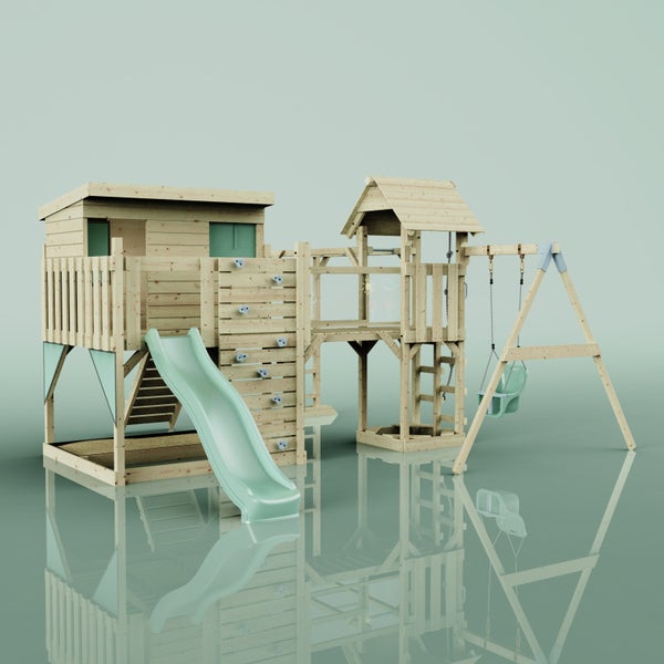 Spielplatzanlage aus Holz mit Rutsche, Kletterwand und Schaukel