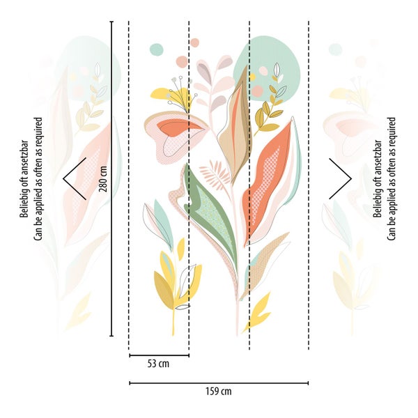 Tapetenmuster mit Pflanzenmotiven und Maßangaben