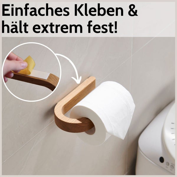 Selbstklebender Toilettenpapierhalter aus Holz an Fliesenwand, einfache Montage ohne Bohren.