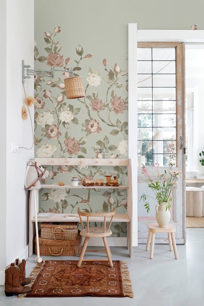 ESTAhome Fototapete Blumenmuster Mintgrün und Altrosa - 150 x 279 cm - 159213