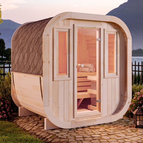 FinnTherm Fasssauna ScandiCube Mini XS Fasssauna 2 Sitzbänke aus Holz, Sauna mit 42 mm Wandstärke, Außensauna mit 2 Fenstern, Naturbelassen 2,1x1,6m