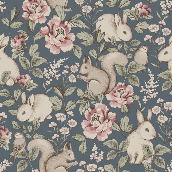 Borastapeter Tapete vintage Waldtiere Graublau - 53 cm x 10.05 m - 660616