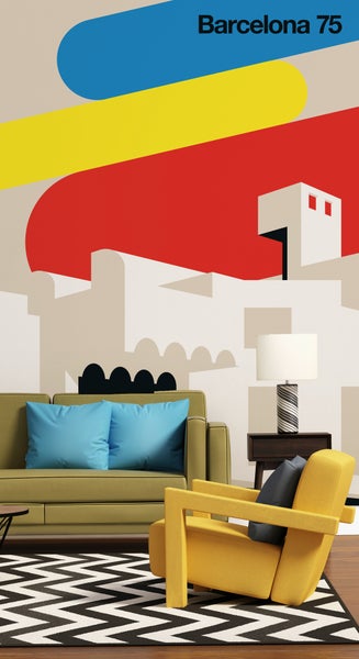 Modernes helles Wohnzimmer mit abstrakter geometrischer Fototapete, grünem Sofa, gelbem Sessel und schwarz-weißem Teppich mit Zickzack-Muster.