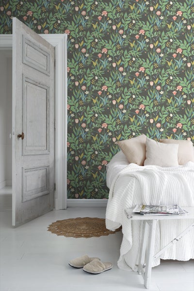 Borastapeter Tapete Blumen Schwarz und Grün - 53 cm x 10.05 m - 660424