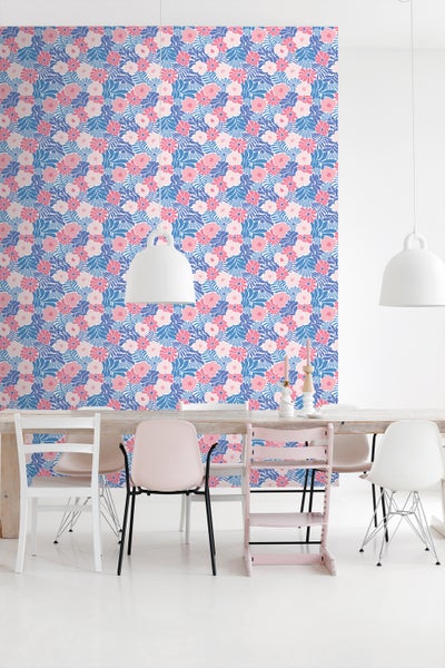 ESTAhome Tapete Blumen im Matisse-Stil Blau und Rosa - 50 x 900 cm - 131006
