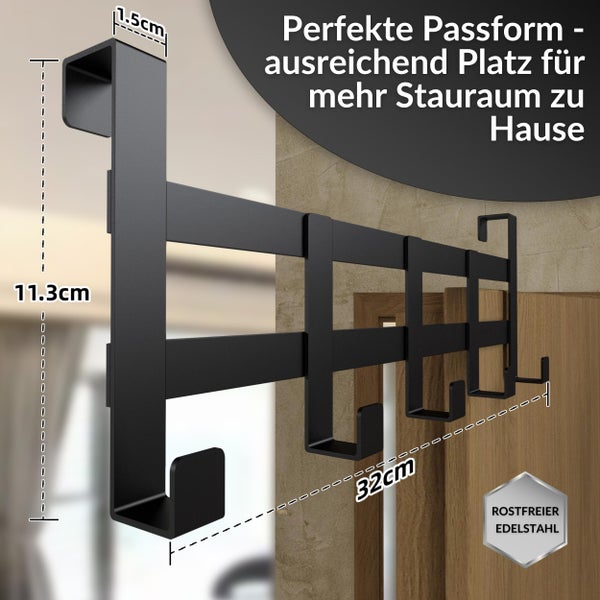 Schwarze Türgarderobe aus rostfreiem Edelstahl mit vier Haken, Maße 32 Zentimeter breit, 11,3 Zentimeter hoch und 1,5 Zentimeter tief.