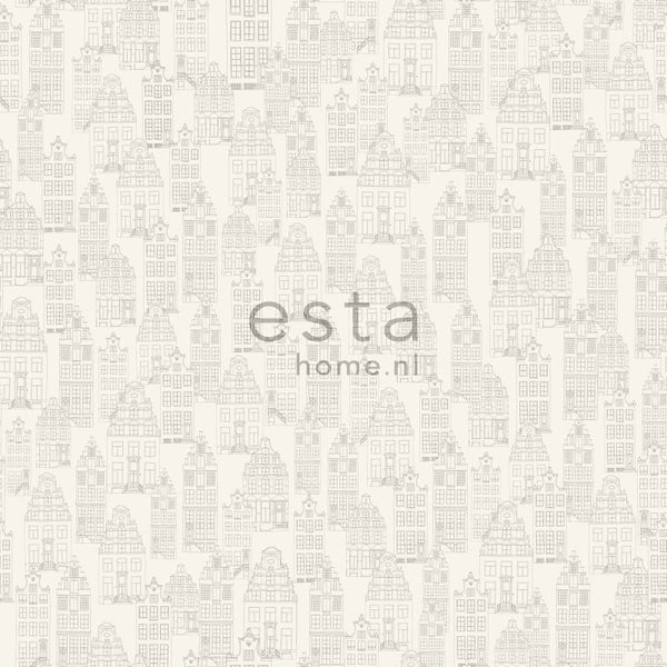 ESTAhome Tapete Amsterdamer Grachtenhäuser Silber - 53 cm x 10.05 m - 137710