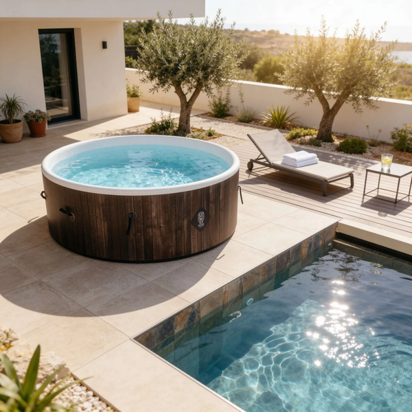 Moderner, runder Whirlpool in Holzoptik auf einer hellen, organisierten Terrasse neben einem Pool, einer Sonnenliege und Olivenbäumen.