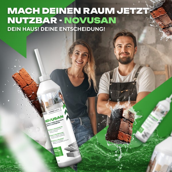 Ein Paar in einem Hausprojekt mit Novusan Feuchtigkeitssperre zur Mauerwerkstrockenlegung, dargestellt mit Ziegeln und Wasser zur Demonstration.