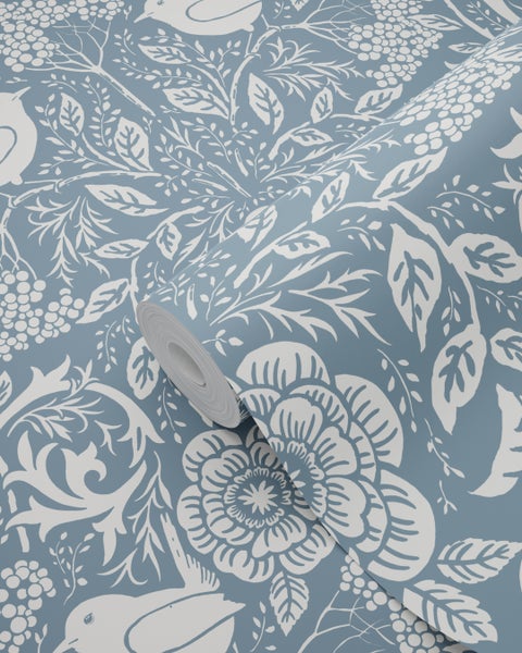 ESTAhome Tapete Blumen und Vögel im Jugendstil Graublau - 53 cm x 10.05 m - 139477