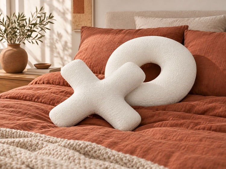 Zwei dekorative Kissen in X und O Form aus strukturiertem Stoff auf einem bezogenen Bett in einem modern eingerichteten Schlafzimmer.