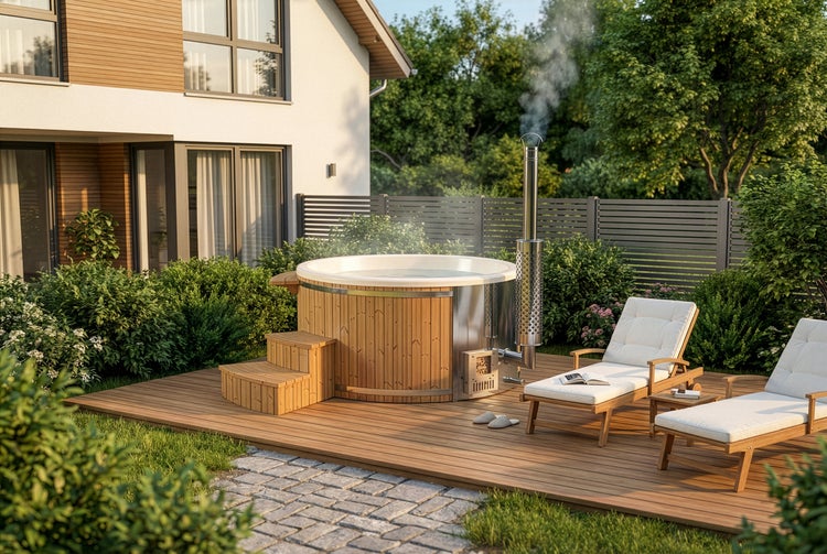 Runder Badebottich aus Holz mit integriertem Ofen und Schornstein auf einer Holzterrasse im Garten, inklusive Holztreppe und Gartenliege.