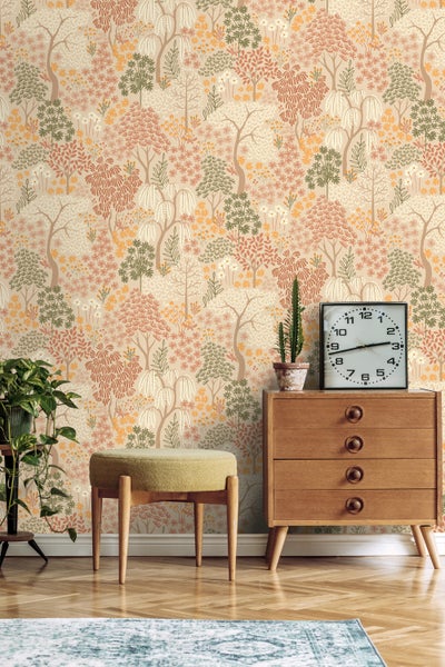 ESTAhome Tapete Bäumen und Blumen Beige, Terrakotta und Grün - 50 x 900 cm - 131186