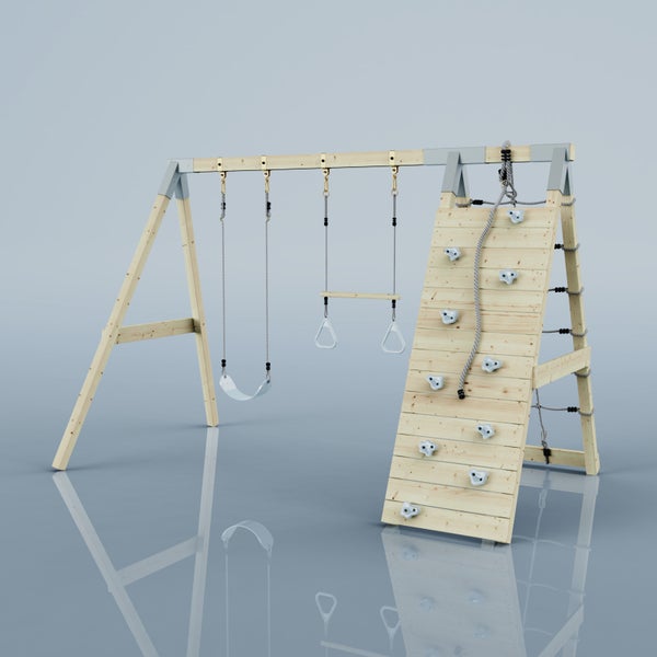 Kinderspielgerät aus Holz mit Schaukel, Trapezstange, Kletterwand mit Griffen und Seil sowie einer Strickleiter.