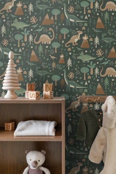 ESTAhome Tapete Dinosaurier Dunkelgrün und Braun - 50 x 900 cm - 139802