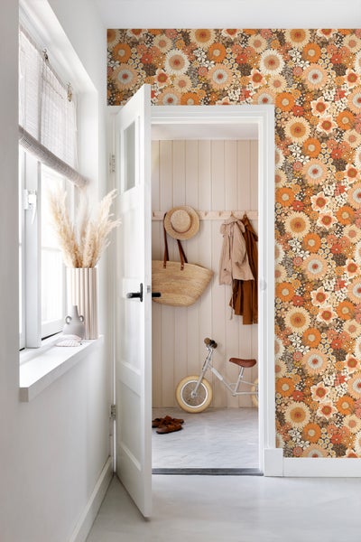ESTAhome Tapete Retro Blumen Orange und Terrakottarosa - 50 x 900 cm - 131318