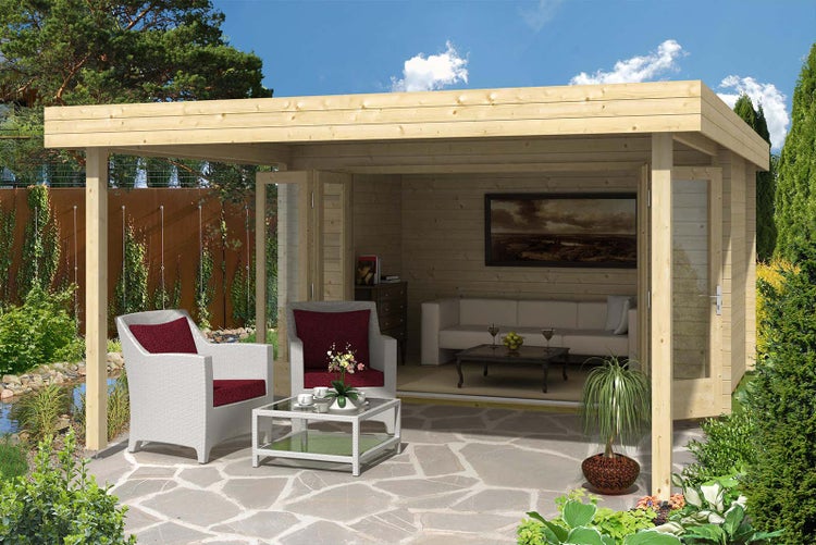 Alpholz Gartenhaus Holstein-40 mit großer Falttür Gartenhaus aus Holz, Holzhaus mit 40 mm Wandstärke inklusive Terrasse, Blockbohlenhaus mit Montagematerial, Naturbelassen